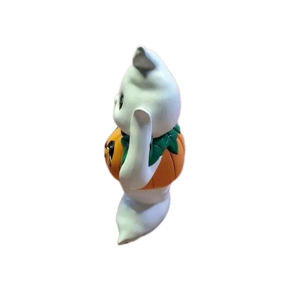 Vintage Ceramic Halloween Ghost Wearing Pumpkin Jack O Lantern Figurine Set 2